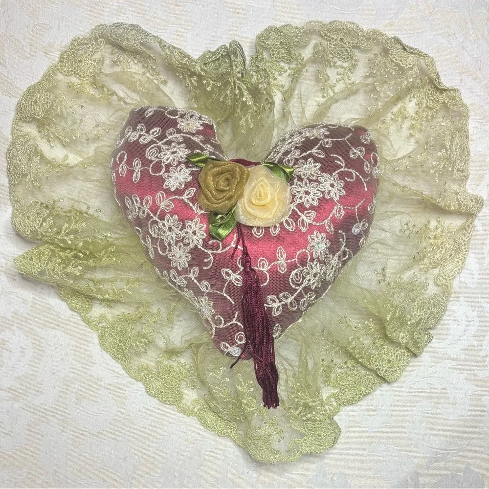Victorian “French Lovers” Handmade Lace Heart Pillow Vintage Cottage Core Décor